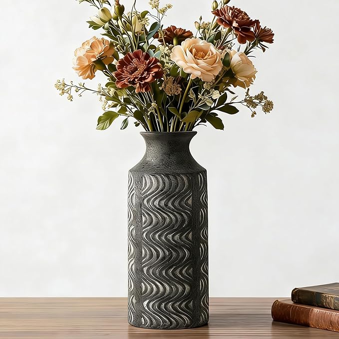Black Vintage Vase - 11 in Ceramic Decorative Vase - Tall Flower Vase for Home Decor - Table Pedestal Cylinder Bud Vases for Centerpieces - Decoration Farmhouse Vase by Lyeec