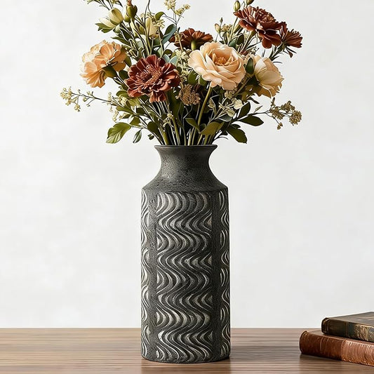 Black Vintage Vase - 11 in Ceramic Decorative Vase - Tall Flower Vase for Home Decor - Table Pedestal Cylinder Bud Vases for Centerpieces - Decoration Farmhouse Vase by Lyeec