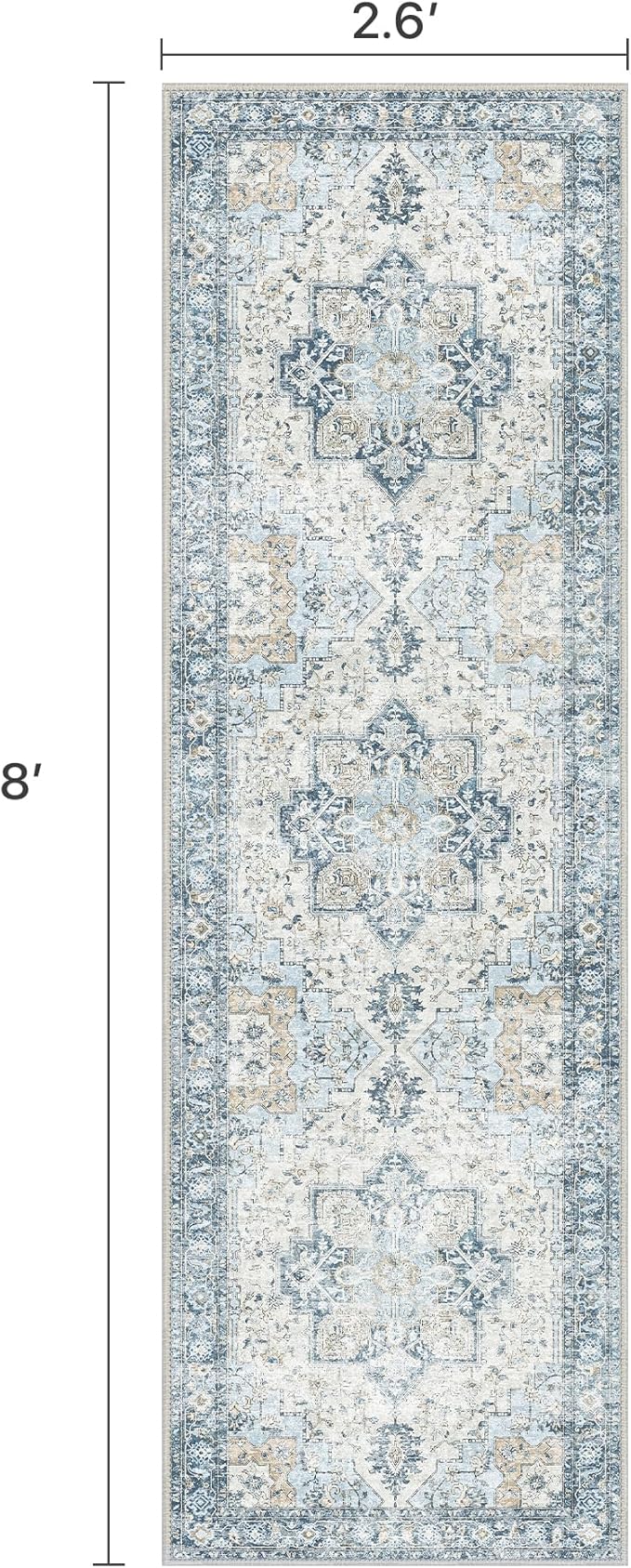 BESBLEE Runner Rug 2'6''x8, Non Slip Vintage Hallway Runner Rugs, Low Pile Lightweight Machine Washable Mat for Hallway, Entryway, Bedroom, Kitchen and Corridor, Blue