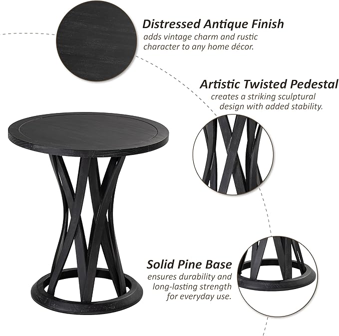 COZAYH Round Farmhouse End Table with Crisscross Pedestal Base, Distressed Finish Side Table Rustic Accent Table for Living Room, Pine Wood, Black