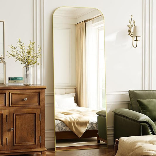 Full Length Mirror 64"x21" Mirror Full Body with Aluminum Alloy Frame Top Square-Edged Floor Mirror with Stand for Bedroom Living Room Gold