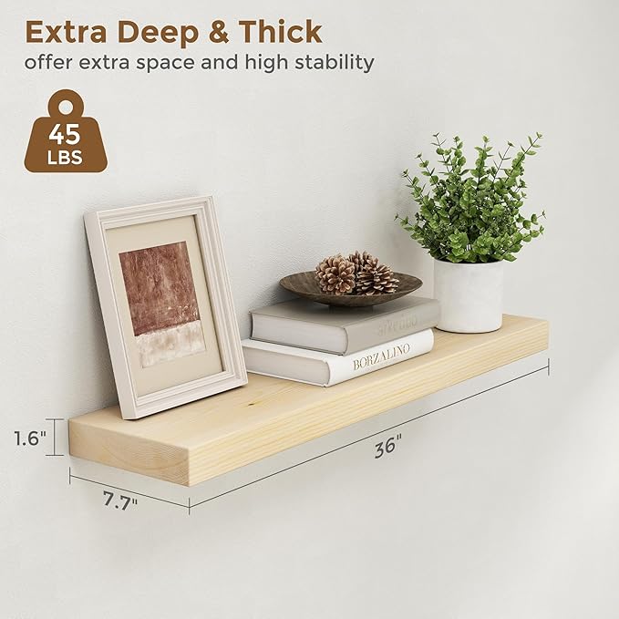 Marsmiles 36 Inch Floating Shelves | Unfinished Natural Wood Floating Shelves Set of 2 | 36" W x 7.7" D x 1.6" H Natural Wooden Wall Shelves for Living Room Bathroom Kitchen