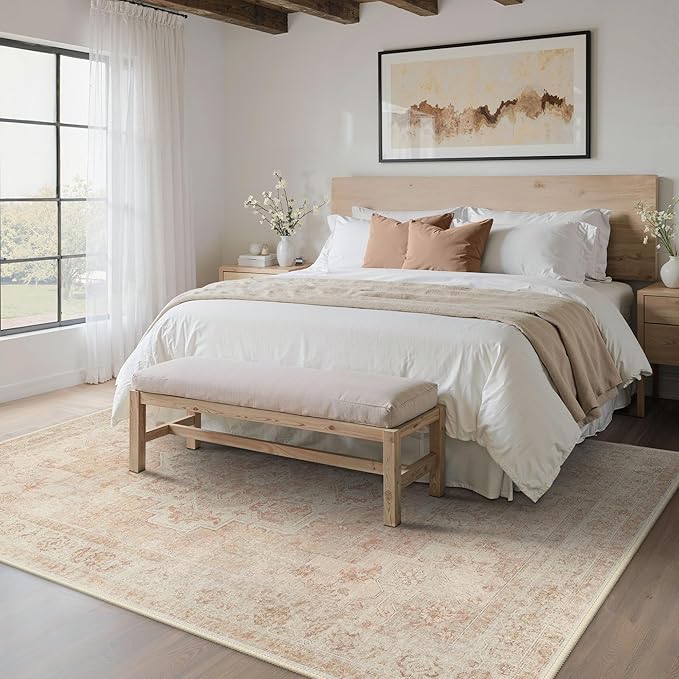 BESBLEE 5x7 Area Rugs for Living Room, Machine Washable Rug, Non Slip Vintage Rugs, Low Pile Lightweight Print Rug for Bedroom, Dining Room, Home Office, Pink