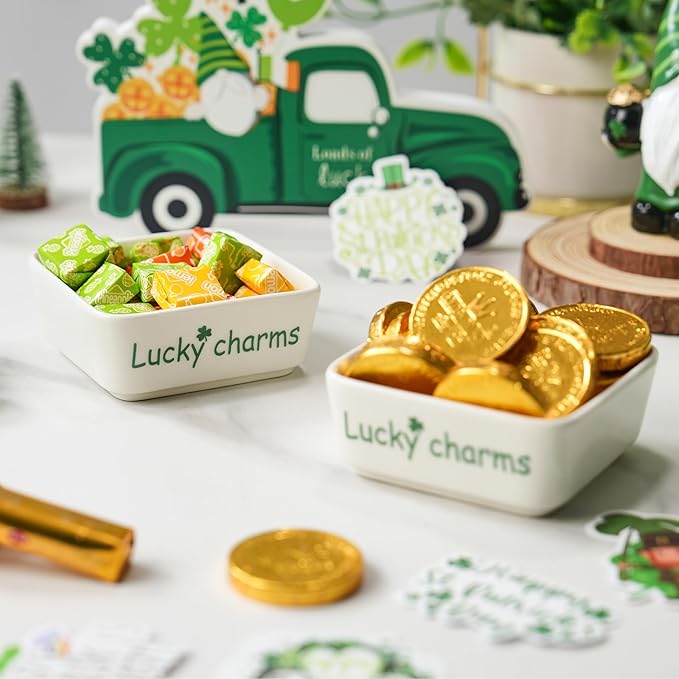 St Patrick's Day Candy Dish Set of 2, Ceramic Irish Shamrock Bowl with Clover, White Decorative Trinket Trays for Jewelry, Keys, Coins, Festive Party & Home Decor