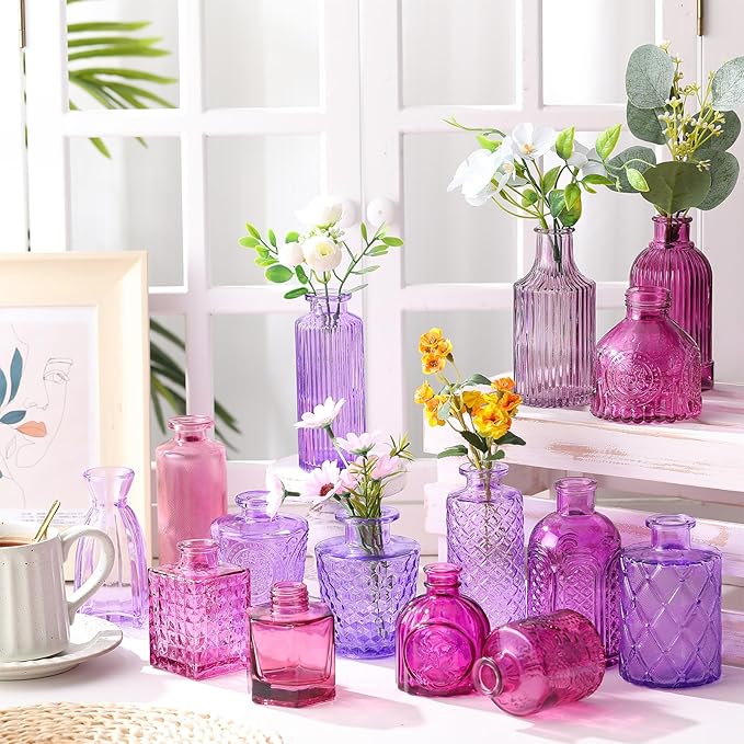Yaomiao 30 Pcs Vases Bulk Colored Flower Glass Bud Vases Valentine Vintage Colored Glass Bottles Colorful Rustic Embossed for Home Wedding Table Decorations Gifts(Purple Series)