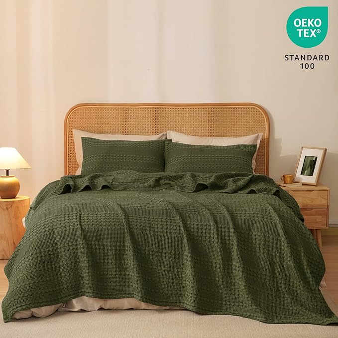 PHF 100% Cotton Waffle Weave Blanket King Size for Bed, Soft Lightweight & Breathable, All-Season Comfort, 300 GSM Luxury Aesthetic Blanket for Home Decor, 108"x90", Capulet Olive