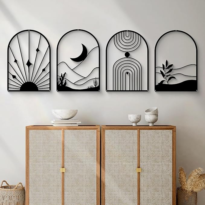 Glamativity 4 Pack Black Abstract Metal Wall Art, Minimalist Décor Single Line Art Wall Décor, 3D Textured Metal Wall Sculptures, for Living Room Bedroom Bathroom Study Room (Black Boho, M Size 17 x 12'')