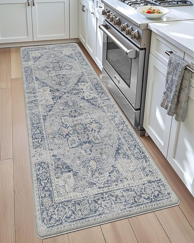 DEXI Kitchen Floor Mats Anti Fatigue, 23x86 Large Long Cushioned Vintage Runner Rug Waterproof, Standing Comfort Memory Foam Padded for Front Sink Laundry Office, Light Grey and Blue