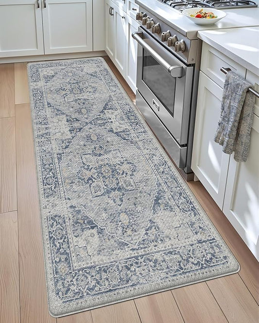DEXI Kitchen Floor Mats Anti Fatigue, 23x86 Large Long Cushioned Vintage Runner Rug Waterproof, Standing Comfort Memory Foam Padded for Front Sink Laundry Office, Light Grey and Blue