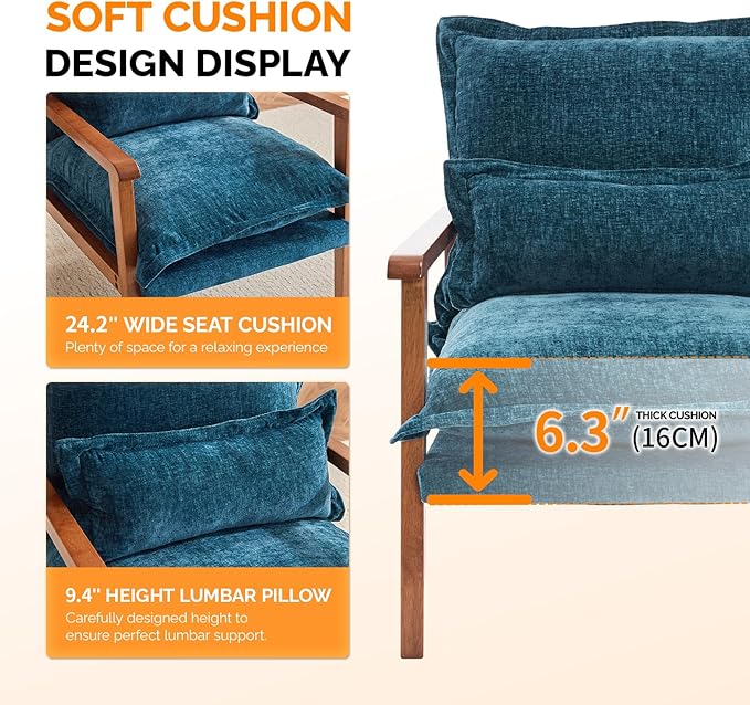 VINGLI Mid-Century Modern Cloud Accent Armchair with Lumbar Pillow, 6.3'' Thick Seat Cushion Comfortable Reading Chair with Wooden Armrests，Boho Lounge Chair for Bedroom, Living Room, Chenille, Teal