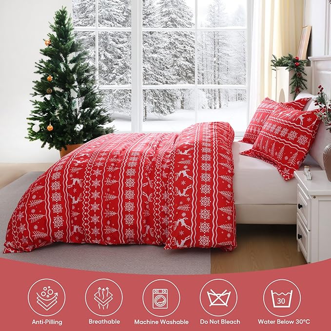 JSD Vintage Christmas Duvet Cover Set Twin Size, 2 Piece Red Snowflakes Reindeer Snowflakes Printed Microfiber Duvet Comforter Cover with Pillow Sham
