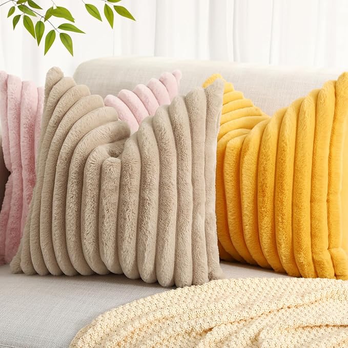 decorUhome Faux Fur Spring Throw Pillow Covers 26x26 Set of 2, Decorative Soft Plush Striped Neutral Couch Euro Sham Pillow Covers with Velvet Back for Sofa, Bed, Living Room Home, Mustard Yellow