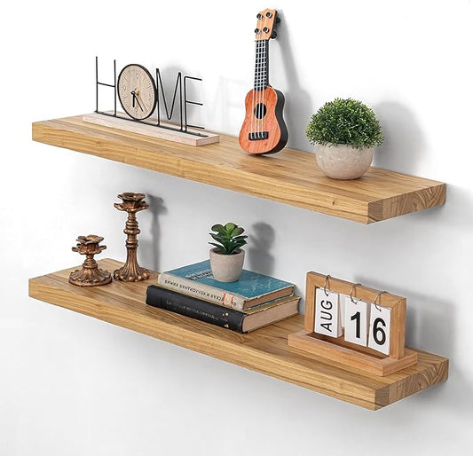 Rustic Floating Shelves for Home Decor, 32 Inch Long Wall Shelves Set of 2, Solid Elm Wood Floating Shelf for Wall, 8 Inch Deep Bookshelf for Storage & Display, 32 x 8 Bathroom Shelf, Natural Color