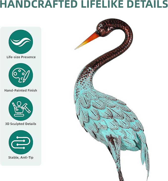 47.5" Extra-Large Blue Heron Decor, Handcrafted Metal Crane Statues with Stable U-Ground Stakes, Backyard Decoration, Metal Garden Bird Animal Yard Art, Lawn Ornament