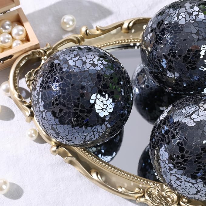DomeStar 3PCS Decorative Balls for Bowls, 4 Inch Black Orbs Glass Balls for Centerpiece Bowls Mosaic Sphere for Home Decoration Dining Table