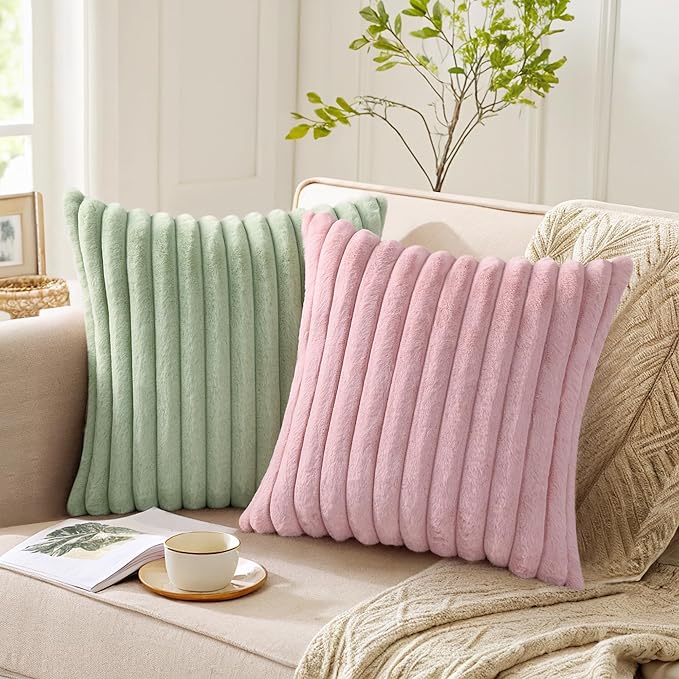 Pallene Faux Fur Plush Throw Pillow Covers 18x18 Set of 2, Luxury Soft Fluffy Striped Decorative Pillow Covers for Sofa, Couch, Living Room, Sage Green