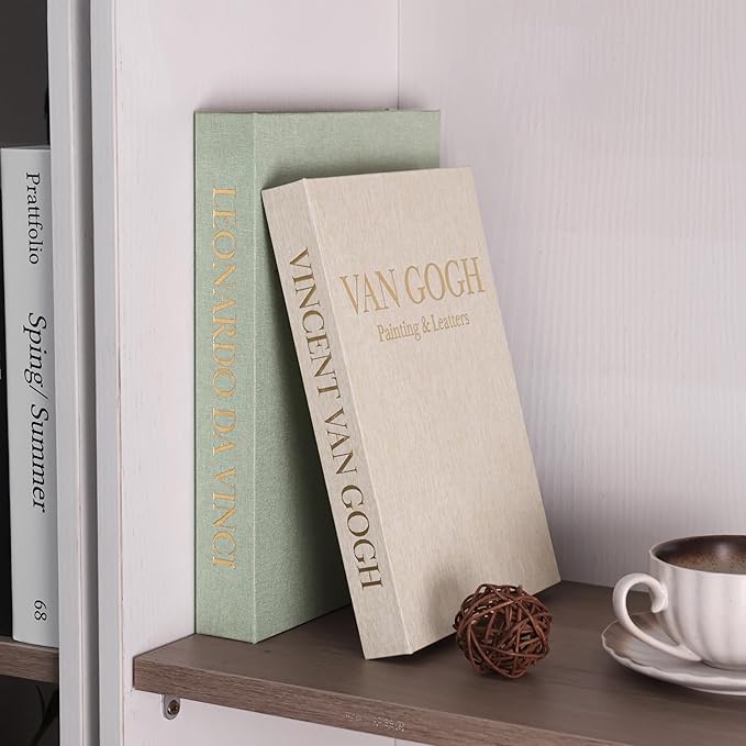 Premium Decorative Books - Set of 2 - Linen Storage Box for Coffee Table Faux Decor Boxes for Bookshelf Fake Books for Decoration for Living Room - Modern Home (Beige & Sage)