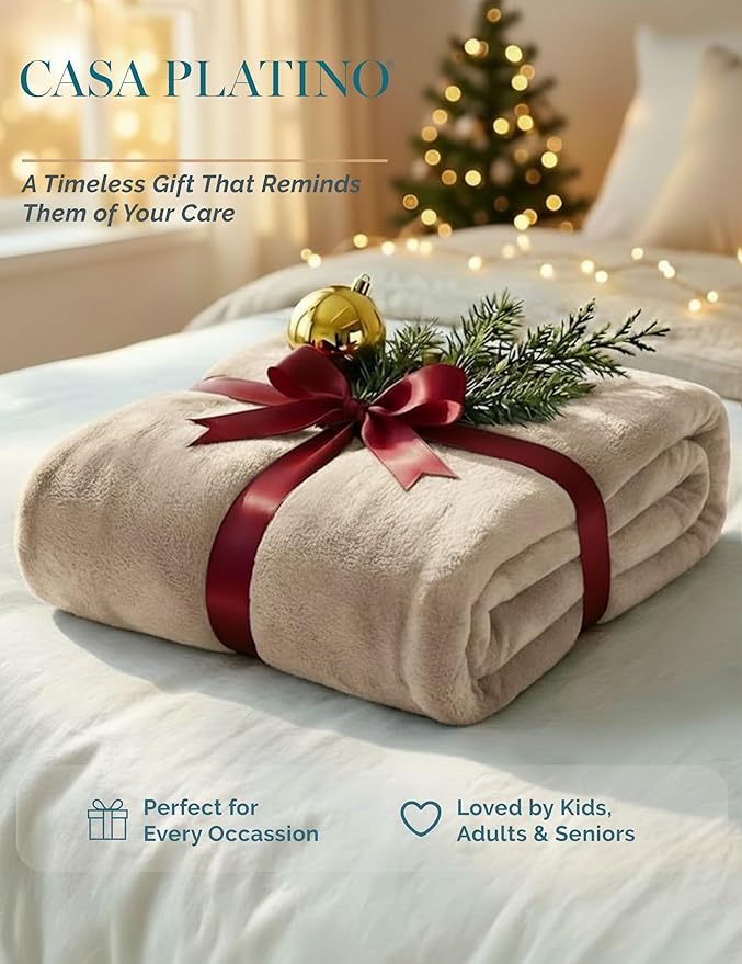 Casa Platino Fleece Blanket Twin Size – 300 GSM Beige Fleece Throw for Bed or Couch – Soft Cozy Warm Holiday Bed Blanket for Winter, Fuzzy Plush Elegant Gifts for Kids, Men & Women - 68x90 Inch