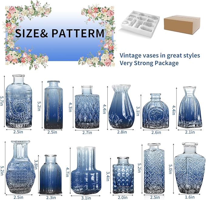 KUAGUINZUHE 12 Pcs Glass Bud Vase Set, Small Blue Vintage Flower Vases for Wedding Centerpieces in Bulk, Mini Embossed Vases for Home Table Decor, Party, Baby Shower Decorations