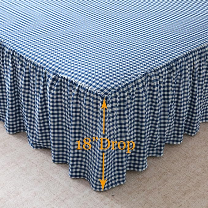 Silnuo Navy Blue/White Plaid Bed Skirt Washed Cotton Shabby Gingham Checkered Dust Ruffle King Size 18" Bedding(1 Bed Skirt Only)
