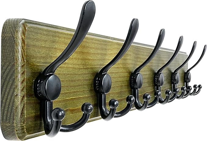 Dseap Coat Rack Wall Mounted - 24" Long 6 Tri Hooks, Heavy Duty Wooden Wall Coat Hanger Coat Hook for Clothes Hat Jacket Clothing, Weathered Green and Black