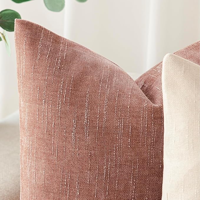 Foindtower Pack of 2 Textured Chenille Throw Decorative Pillow Covers Square Accent Solid Cushion Cover Neutral Farmhouse Pillow Case for Couch Sofa Bedroom Living Room 18x18 Inch,Dusty Pink