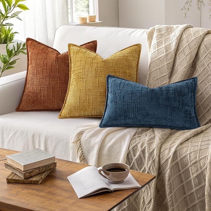 decorUhome Chenille Throw Pillow Covers 18x18 Set of 2, Thick Textured Slubby Neutral Decorative Pillow Covers with Elegant Design for Couch, Sofa, Living Room, Rust