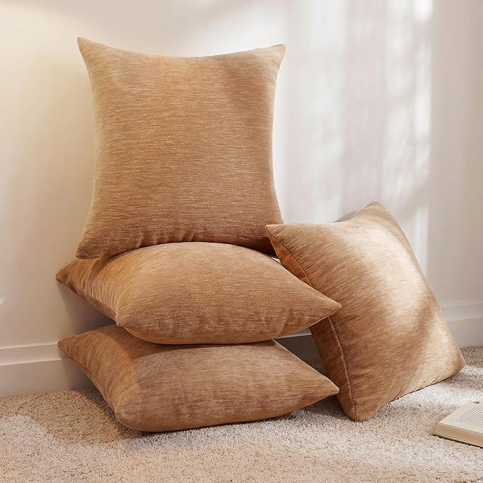 Set of 4 Brown Throw Pillow Covers 18x18 Inch, Neutral Boho Farmhouse Aesthetic Decorative Pillow Cases for Couch, Sofa, Living Room & Bed, Soft Chenille Pillow Cases, Stylish Home Decor, 45x45 cm