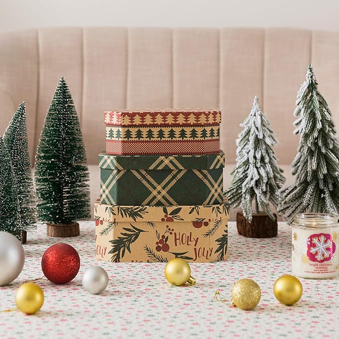 Soul & Lane Christmas Gift Boxes with Lids, Vintage Reusable Christmas Nesting Boxes for Presents, Decorative Cardboard Large Holiday Storage For Keepsakes and Decor, Set of 3
