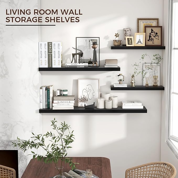 Floating Shelves for Wall 24"W x 6.7"D x 1.37"H, Engineered Wood Wall Shelves with Invisible Brackets for Living Room Bedroom Bathroom Office Kitchen Decor and Storage, Black Finish, Set of 2