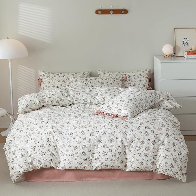 Pink Flower Duvet Cover Set Twin Soft Cotton Peach Floral Comforter Cover Girls Cottagecore Bedding Set Boho Floral Duvet Cover Vintage Country Bedding Flower Botanical Duvet Cover with Zipper Closure