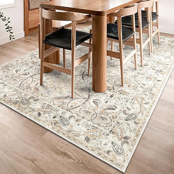 Fortsea 5x7 Beige Vintage Area Rug, Machine Washable Non Skid Low Pile Carpet for Bedroom & Dining (5x7, Beige)
