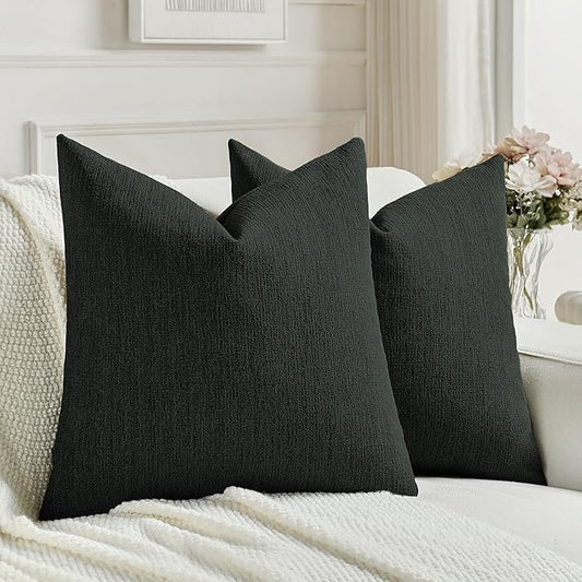 FUTEI Black Chenille Decorative Throw Pillow Covers 18x18 Inch Set of 2,Soft Cozy Faux Linen Textured Cushion Case,Farmhouse Home Decor for Couch Living Room