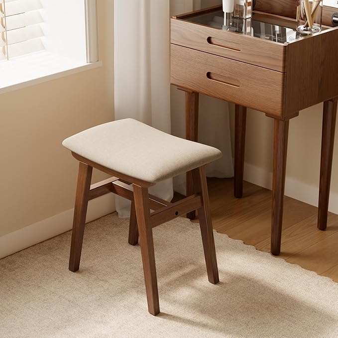 Solid Wood Vanity Stool, Compact Makeup Chair with Saddle Cushion, Linen-Covered High Rebound Sponge Seat, Easy Assembly Footstool for Bedroom, Entryway, Home, Walnut