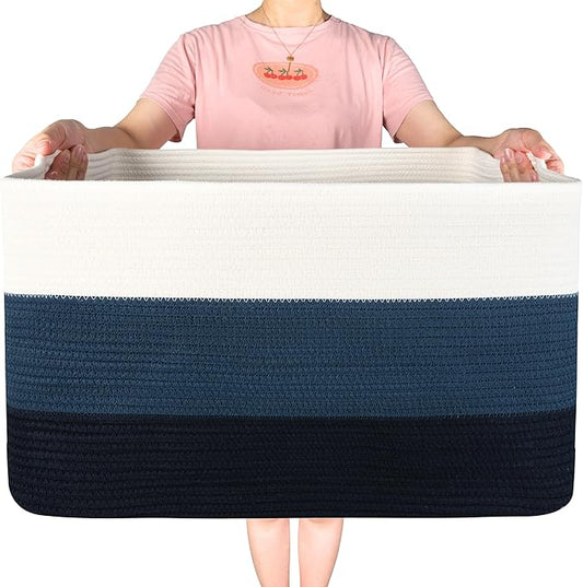 MINTWOOD Design 22in Extra Large Blanket Basket Holder Living Room, Rectangle Rope Woven Storage Basket with Handles for Laundry, Pool Towels, and Shoes, Dog Toy Organizer Bin Box, 3-Tone Blue