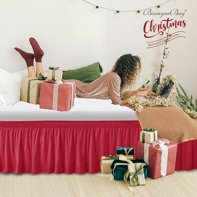 Biscaynebay Wrap Around Bed Skirts for King & Cal King Beds Short Drop of 12", Red Adjustable Elastic Dust Ruffles Easy Fit Wrinkle Resistant Silky Luxurious Fabric Machine Washable