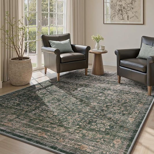 MontVoo-Vintage Area Rug 4X6 Green Rugs for Living Room-Soft Distressed Printed Rugs for Bedroom-Non Slip Carpet-Machine Washable Rug for Dining Room Living Room Bedside Office
