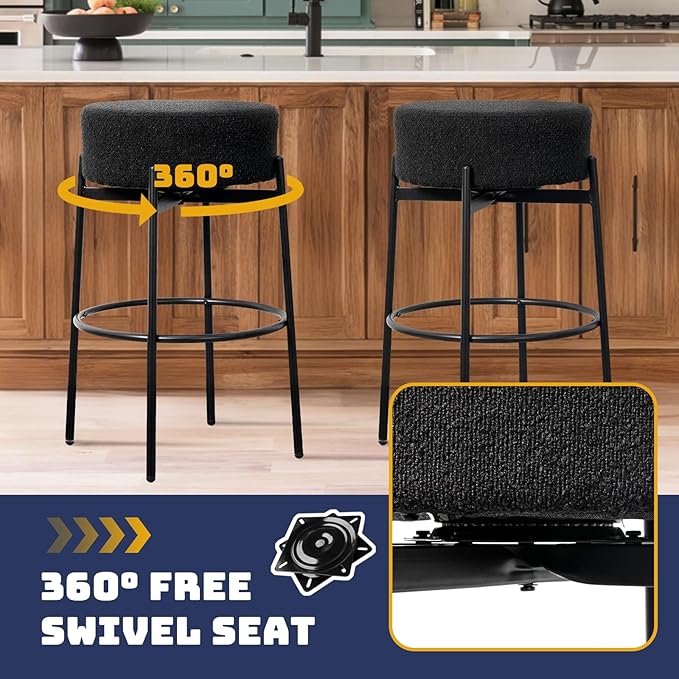 SoarFlash Modern Rotatable Bar Stools Set of 2, 30" Sherpa Swivel Counter Height Stools with Round Soft Padded Boucle Backless Seat, Black