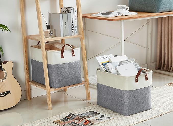 DECOMOMO Large Fabric Storage Baskets - Linen Closet Storage Bins with Handles for Laundry, Clothes, Home, Office (Slate Grey & White, XXL - 3 Pack)