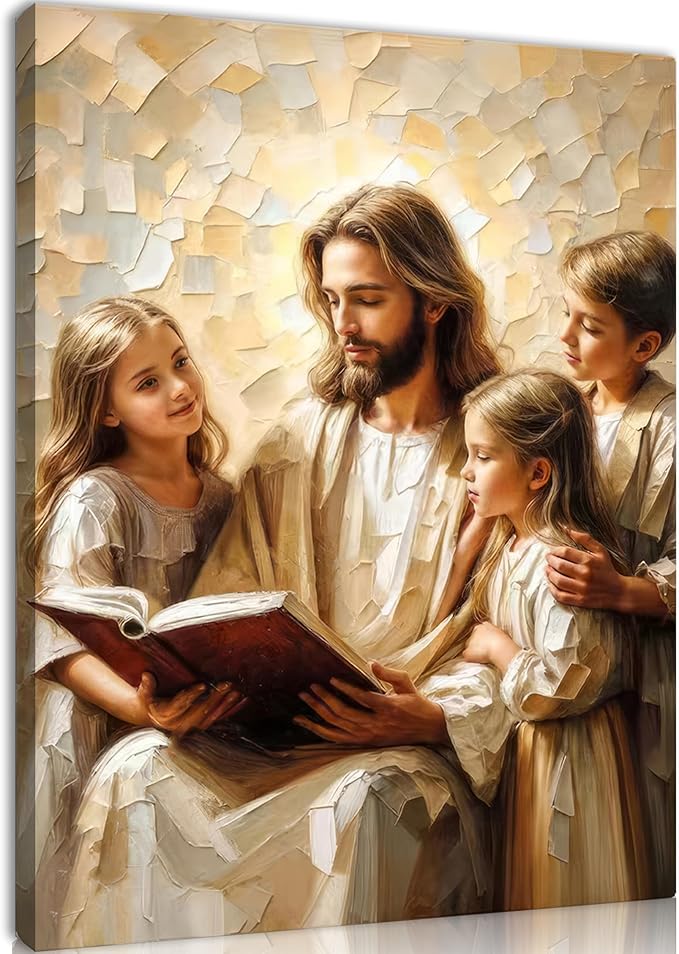 Jesus Teaching Child Canvas Wall Art Christian Kids Room Wall Decor God With Children Painting Pictures Religion Faith Poster Prints for Kids Room Bedroom Church Decoration 12X16