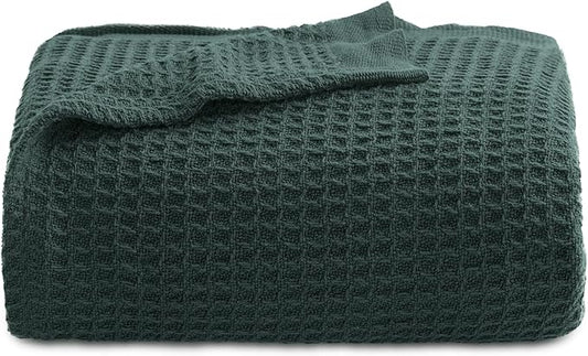 Bedsure Gentlesoft 100% Cotton Blanket Twin XL Size for College Dorm - Breathable and Soft for Spring Summer, Waffle Weave Twin Blanket for Bed, Dorm Room Essentials, Dark Green, 66x90 inches