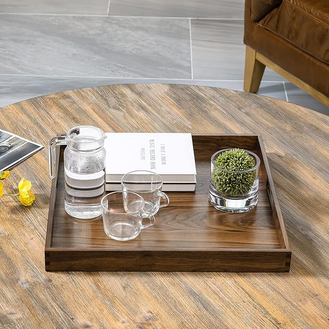 19 x 19 Inches Black Walnut Large Ottoman Tray Solid Wooden Table Square Platter Decorative Serving Tray with Handles for Oversized Ottoman Home Breakfast in Bed Tea Coffee