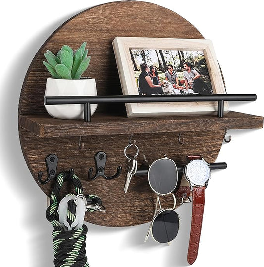Key Holder for Wall Decorative with Shelf and Hooks, Unique Mail Organizer Wall Mount with Sunglasses Holder, Cute Circular Design Entryway Key Rack Hanger, Rustic Home Decor Boho Wall Decor