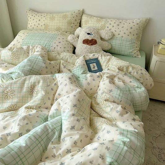 LifeTB 100% Cotton Muslin Duvet Cover Twin XL Aesthetic Floral Comforter Cover with Botanical Flower Cute Plaid Design Cottagecore Bedding Set Ultra Soft Breathable Gauze Duvet Cover for Kids Girls