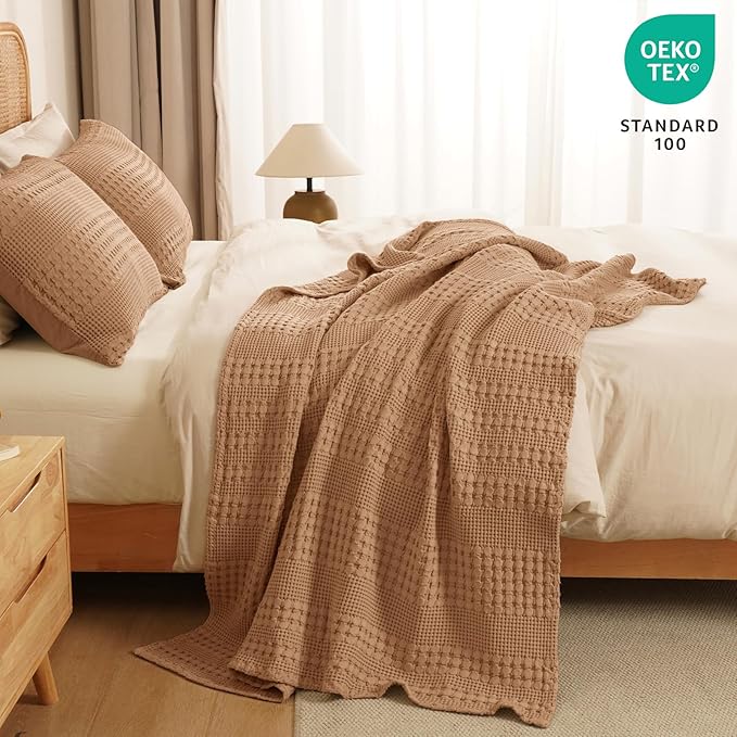 PHF 100% Cotton Waffle Weave Throw Blanket, Soft Lightweight Breathable Cozy Throws for Couch Bed Sofa, 300 GSM Luxury Aesthetic Blanket Gift for Home Decor & Office, 50"x60", Clay