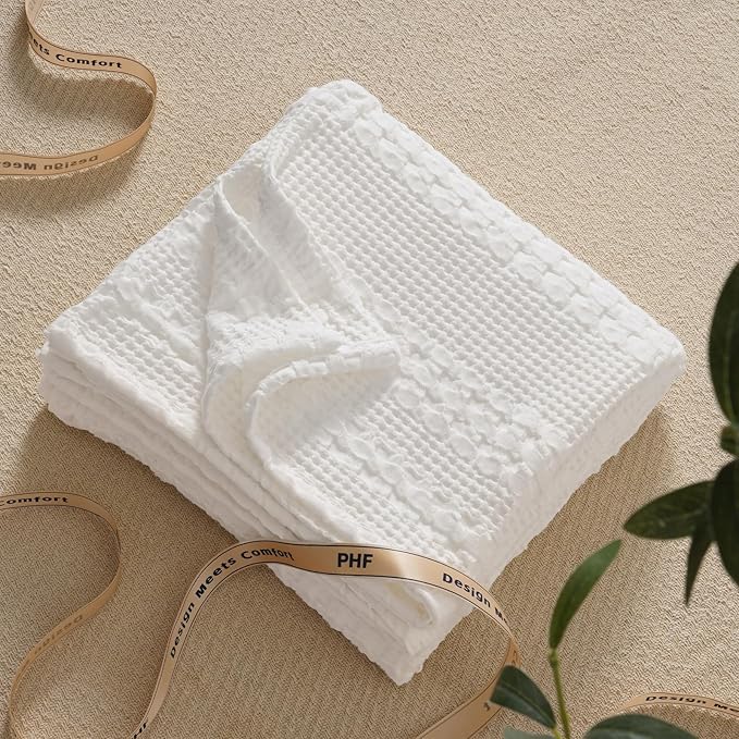 PHF 100% Cotton Waffle Weave Throw Blanket, Soft Lightweight Breathable Cozy Throws for Couch Bed Sofa, 300 GSM Luxury Aesthetic Blanket Gift for Home Decor & Office, 50"x60", White