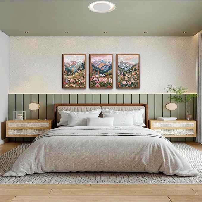 Boho Colorful Mountain Landscape Wall Art Set of 3, Flower Daisy Nature Canvas Prints Wall Decor, Vintage Floral Forest Botanical Painting Posters for Living Room Bedroom Home Decor 24x16in Framed