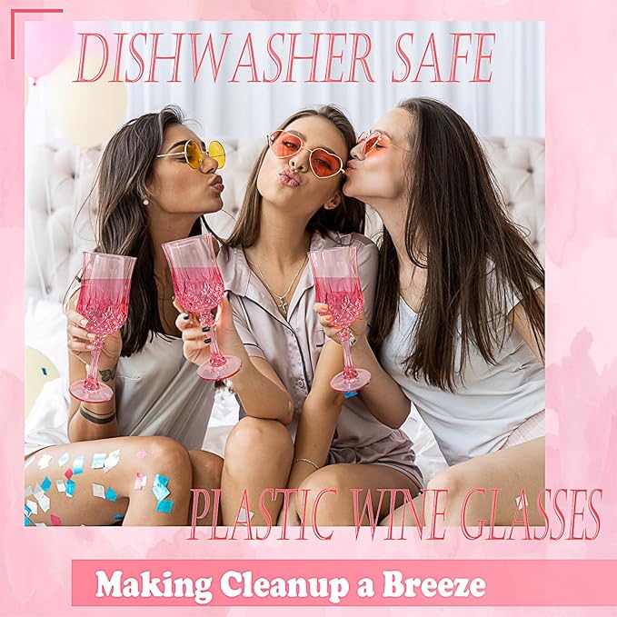 24 PCS Pink Plastic Wine Glasses,Reusable Plastic Wine Glasses,Pink Goblet Glass,Durable and Sturdy Cups Can Be Used for Various Parties Such as Weddings!