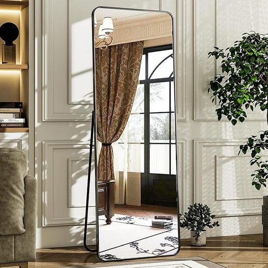 HARRITPURE 56"x21" Full Length Mirror, Black Rounded Corner Aluminum Frame Floor Standing Mirror Hanging/Leaning Wall for Living Room Bedroom Cloakroom