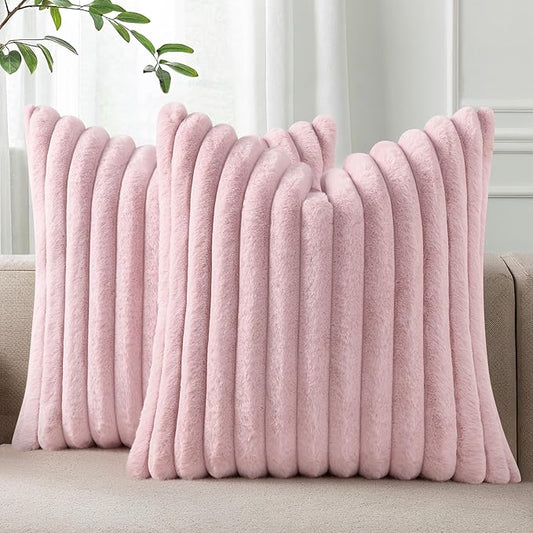 Pallene Faux Fur Plush Throw Pillow Covers 24x24 Set of 2, Luxury Soft Fluffy Striped Decorative Pillow Covers for Sofa, Couch, Living Room, Blush Pink